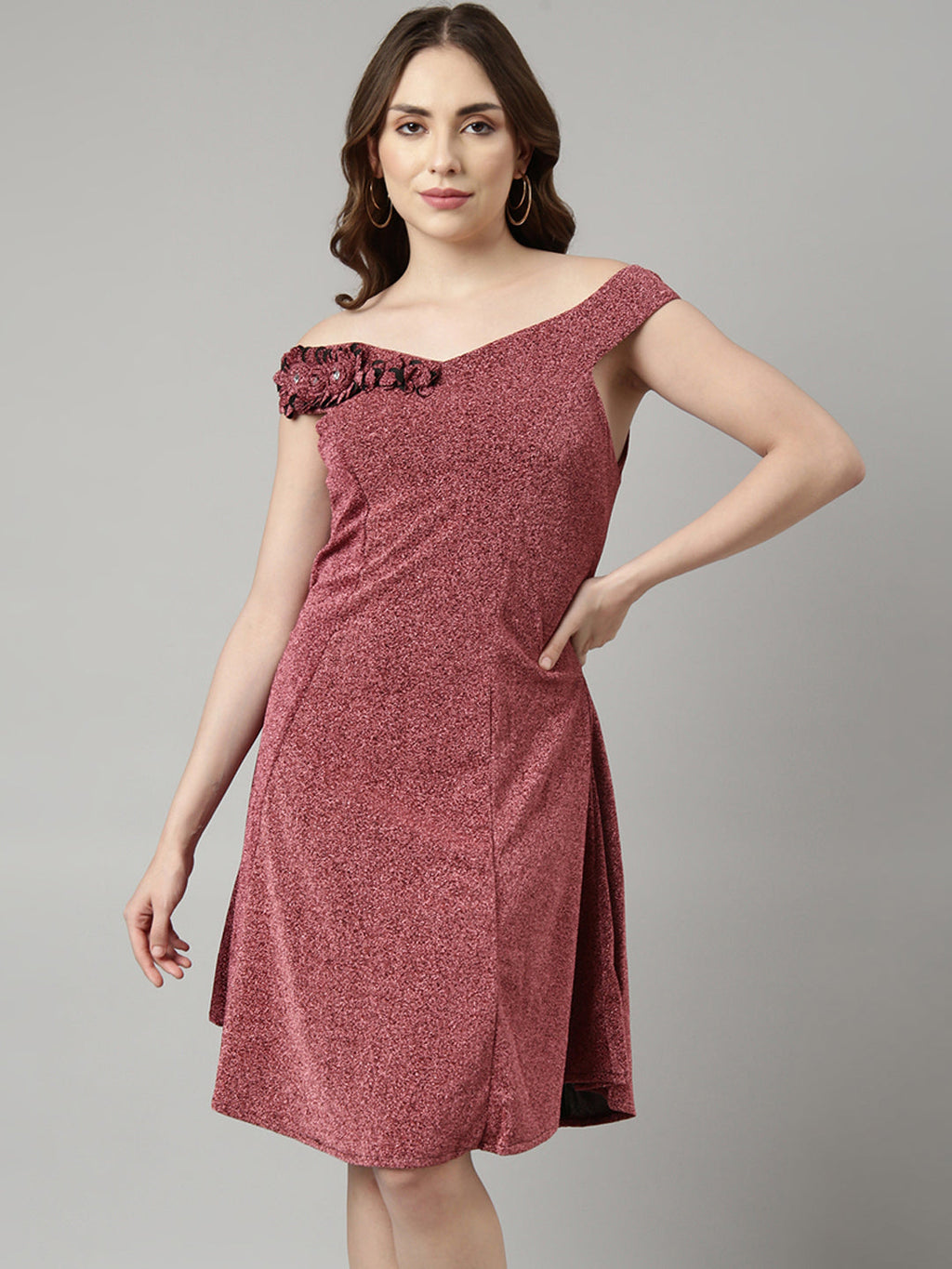Women's Pink Off-Shoulder A-Line Dress