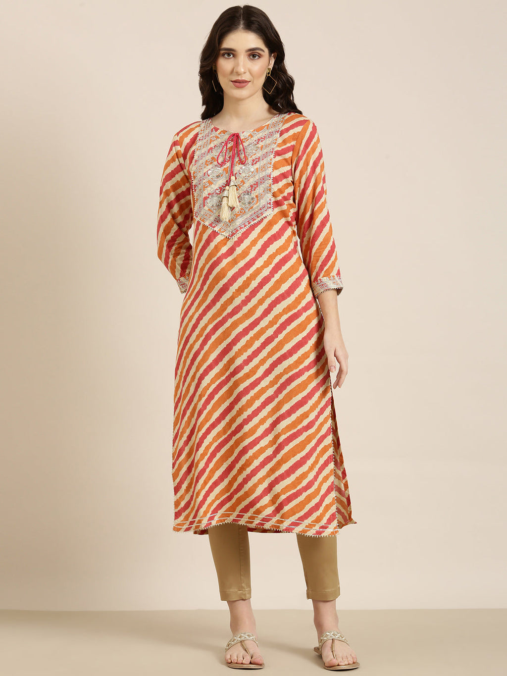 Women's Orange Striped Thread Work Straight Kurta
