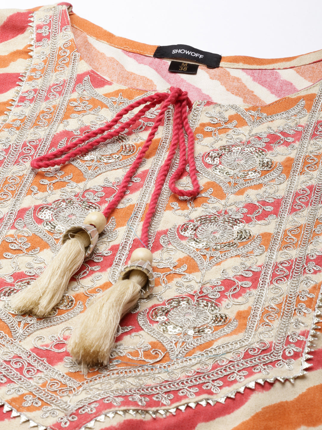 Women's Orange Striped Thread Work Straight Kurta