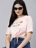 Women's Peach Typography Printed Cotton Crop Top