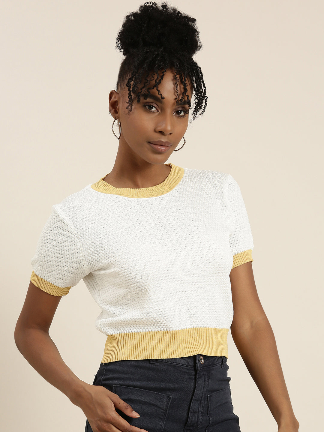 Women's White Round Neck Self Design Top