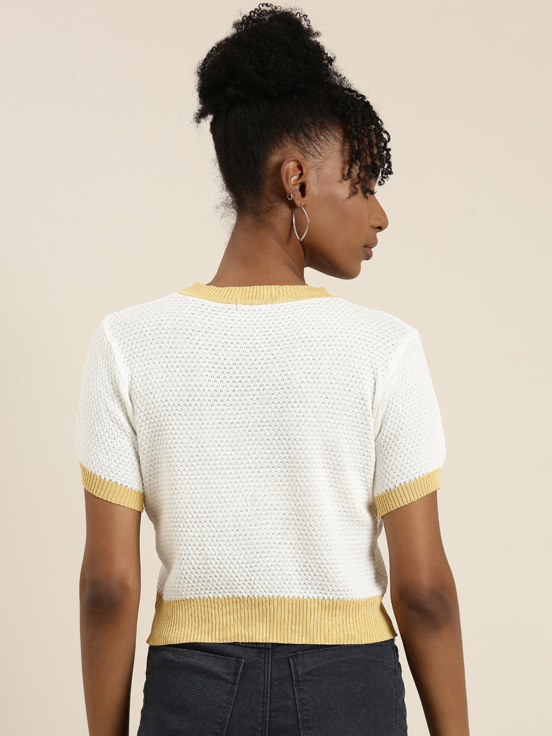 Women's White Round Neck Self Design Top