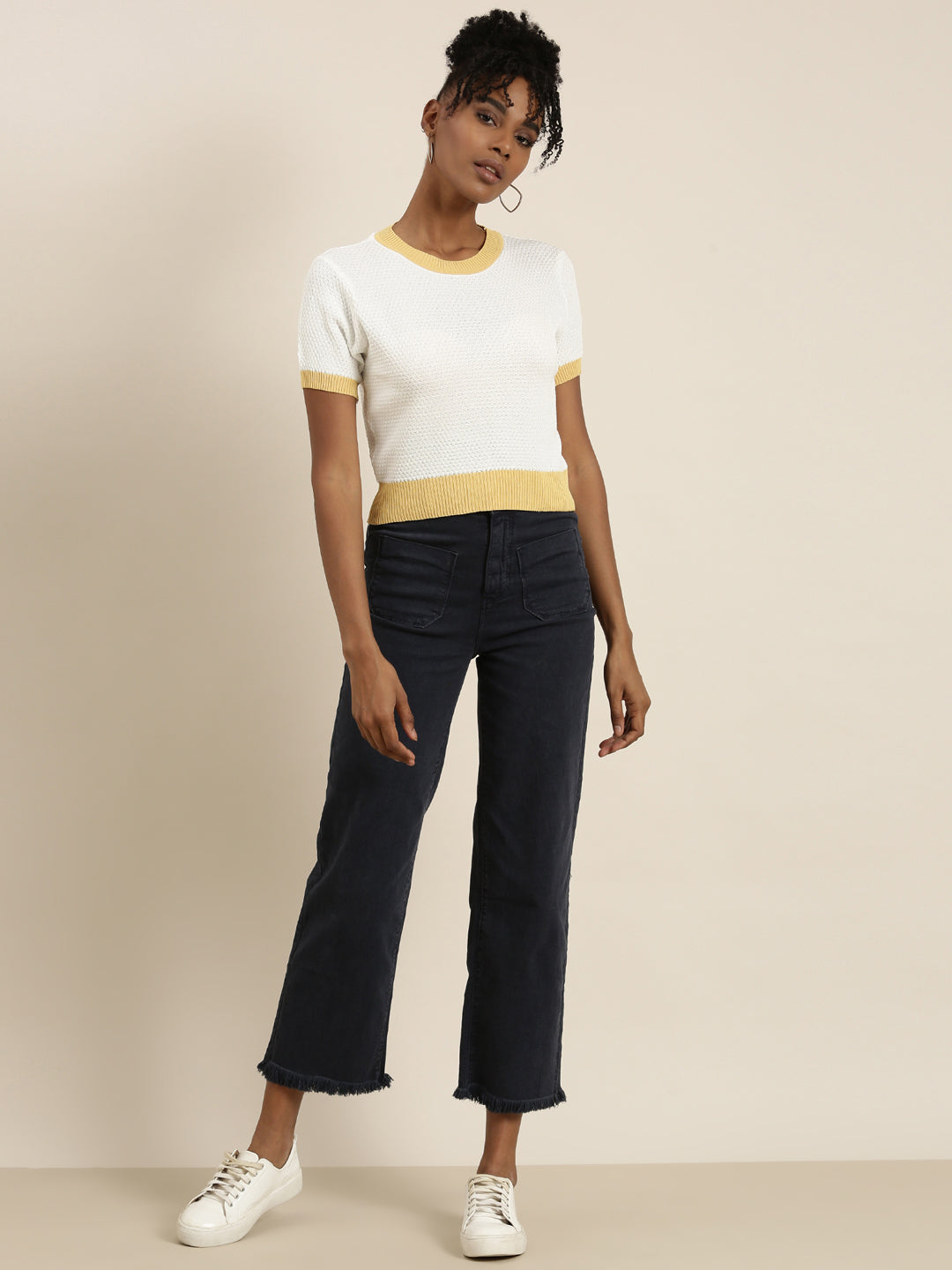 Women's White Round Neck Self Design Top