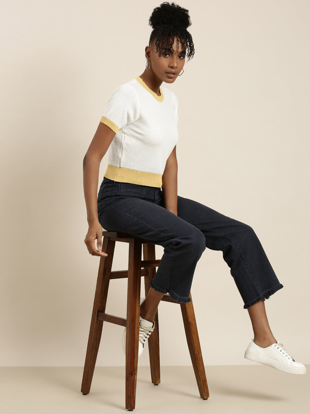 Women's White Round Neck Self Design Top