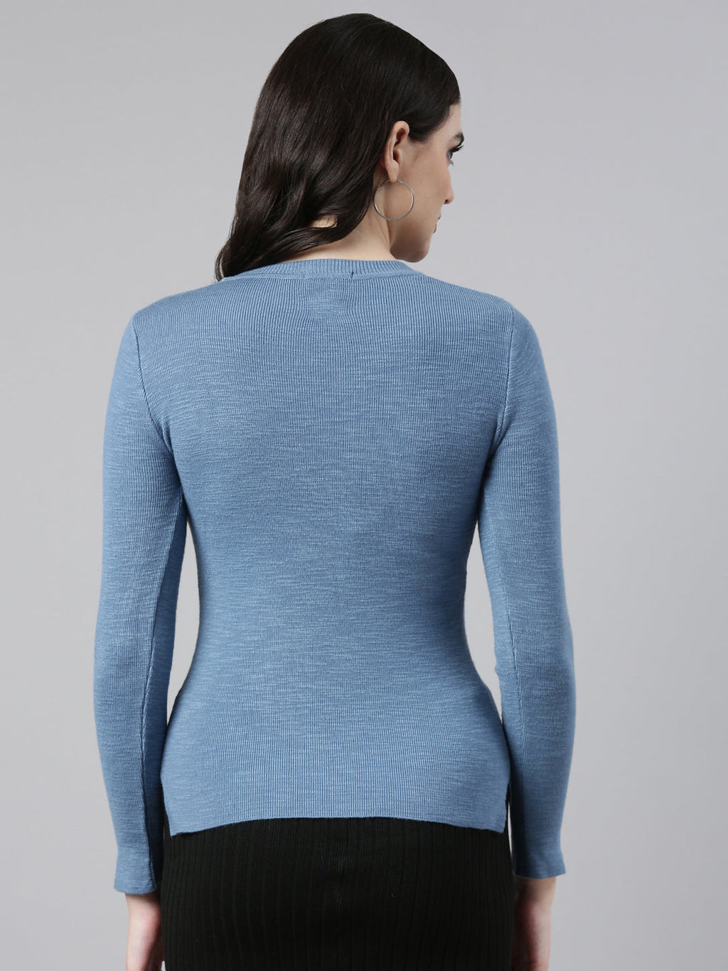 Women's Blue Round Neck Long Sleeves Top