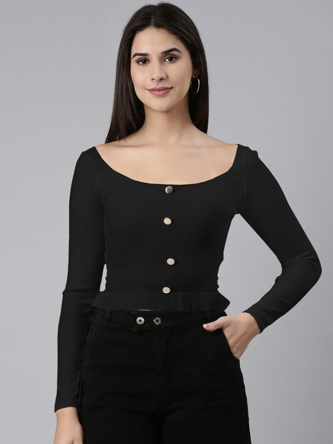 Women's Ribbed Black Long Sleeve Button Front Top with Ruffled Hemline