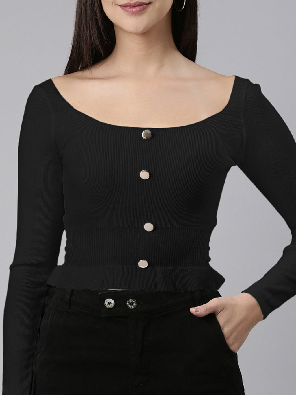Women's Ribbed Black Long Sleeve Button Front Top with Ruffled Hemline