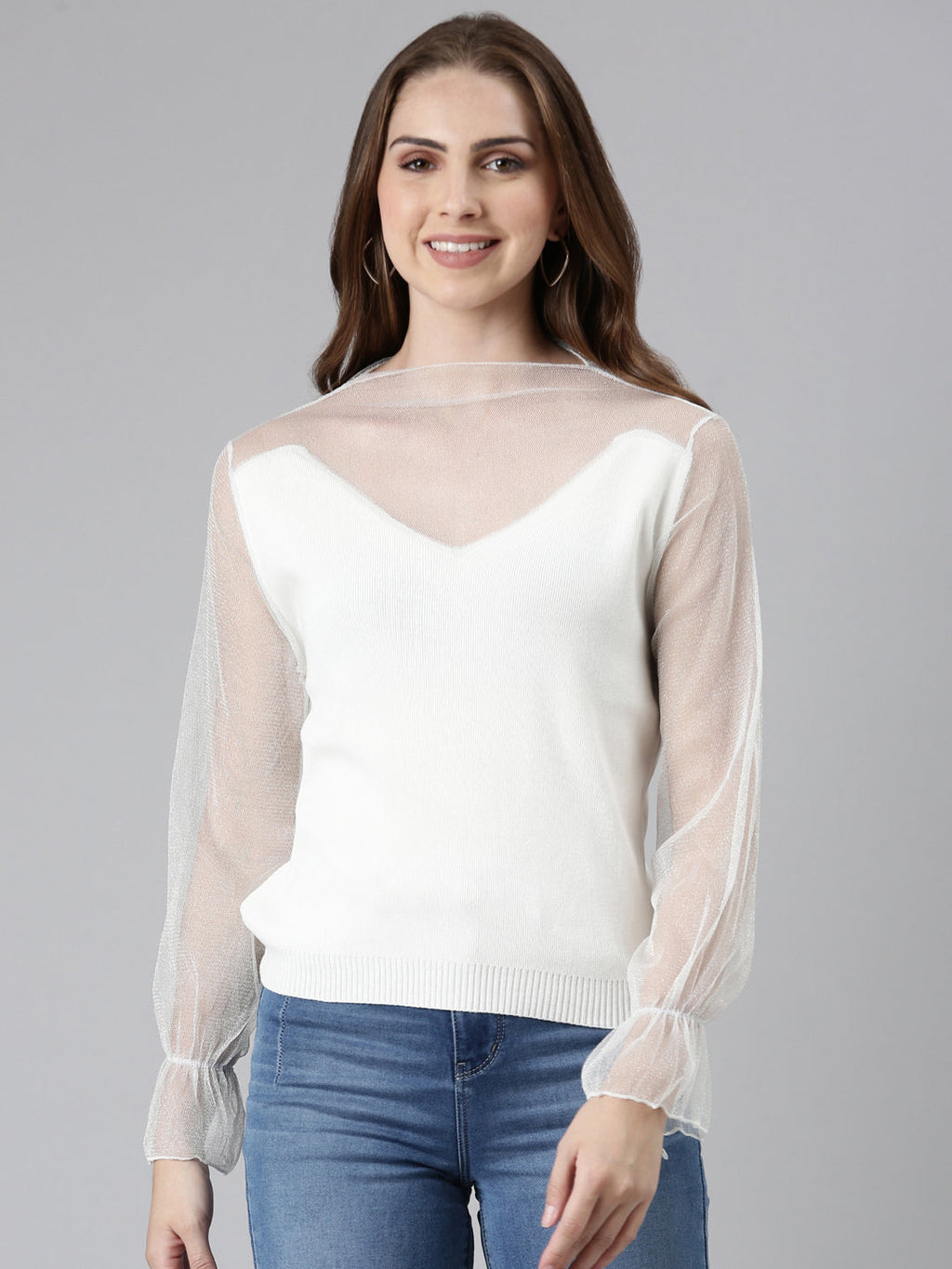 Women's White High Neck Net Top
