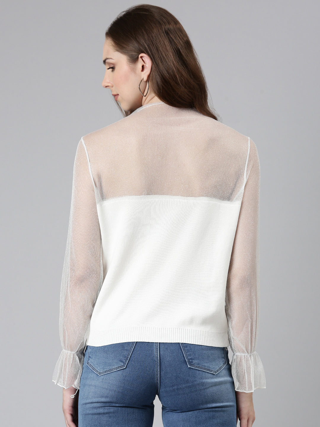 Women's White High Neck Net Top