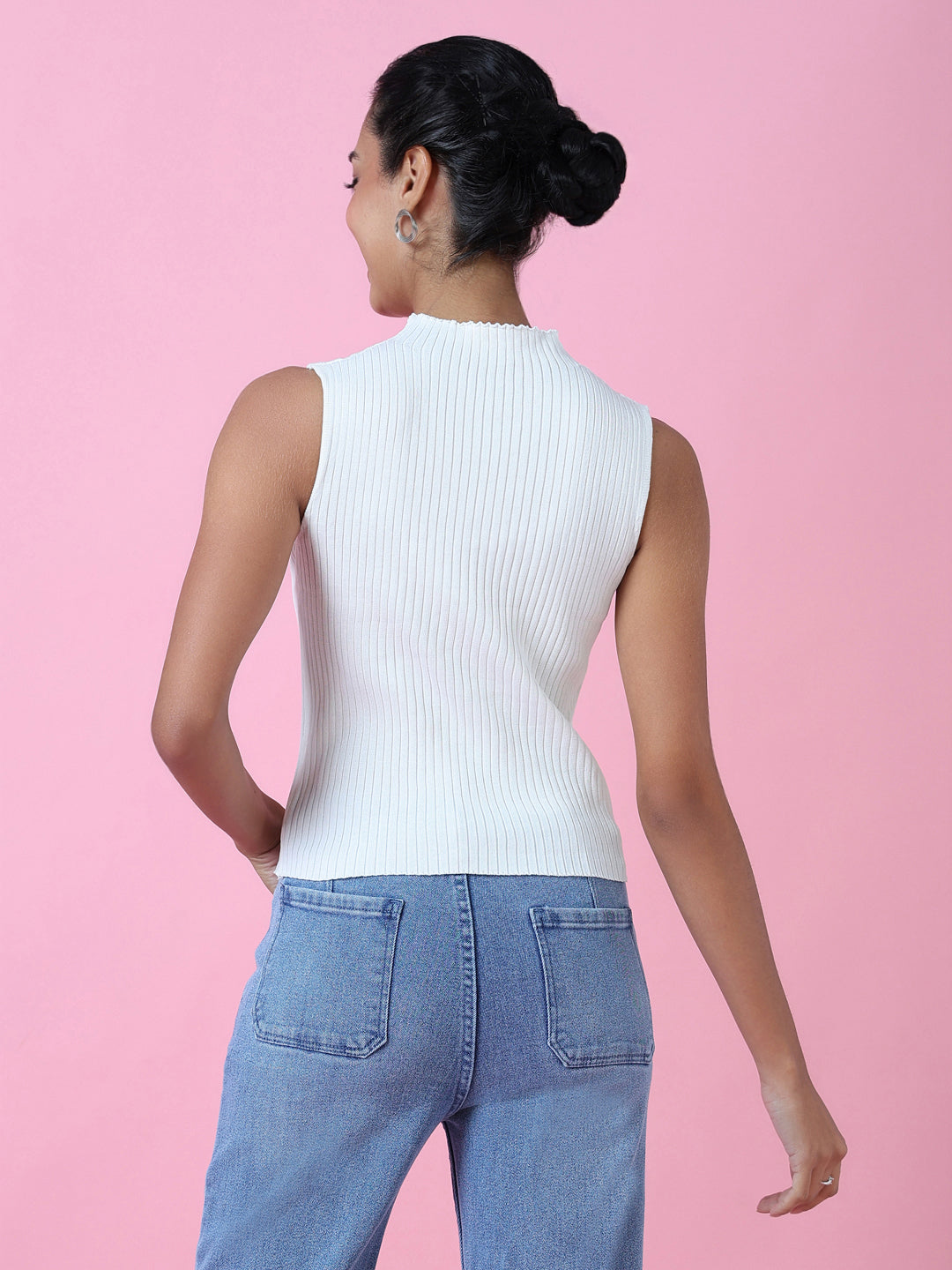 Women's Casual White Solid Fitted Top