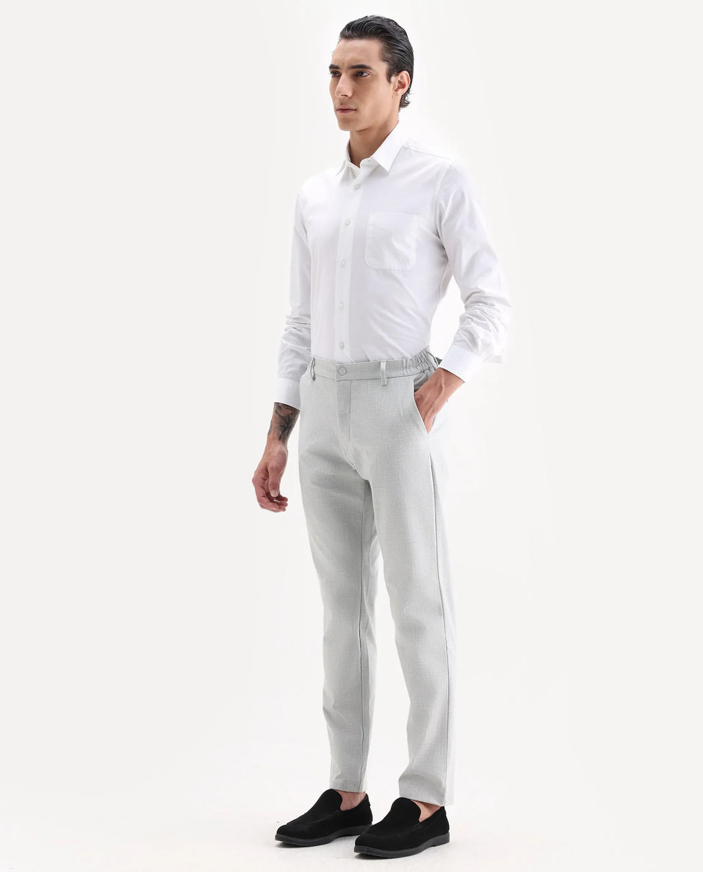 Rare Rabbit Men's Travel-26 Grey Polyester Blend Plain Regular Fit Trouser