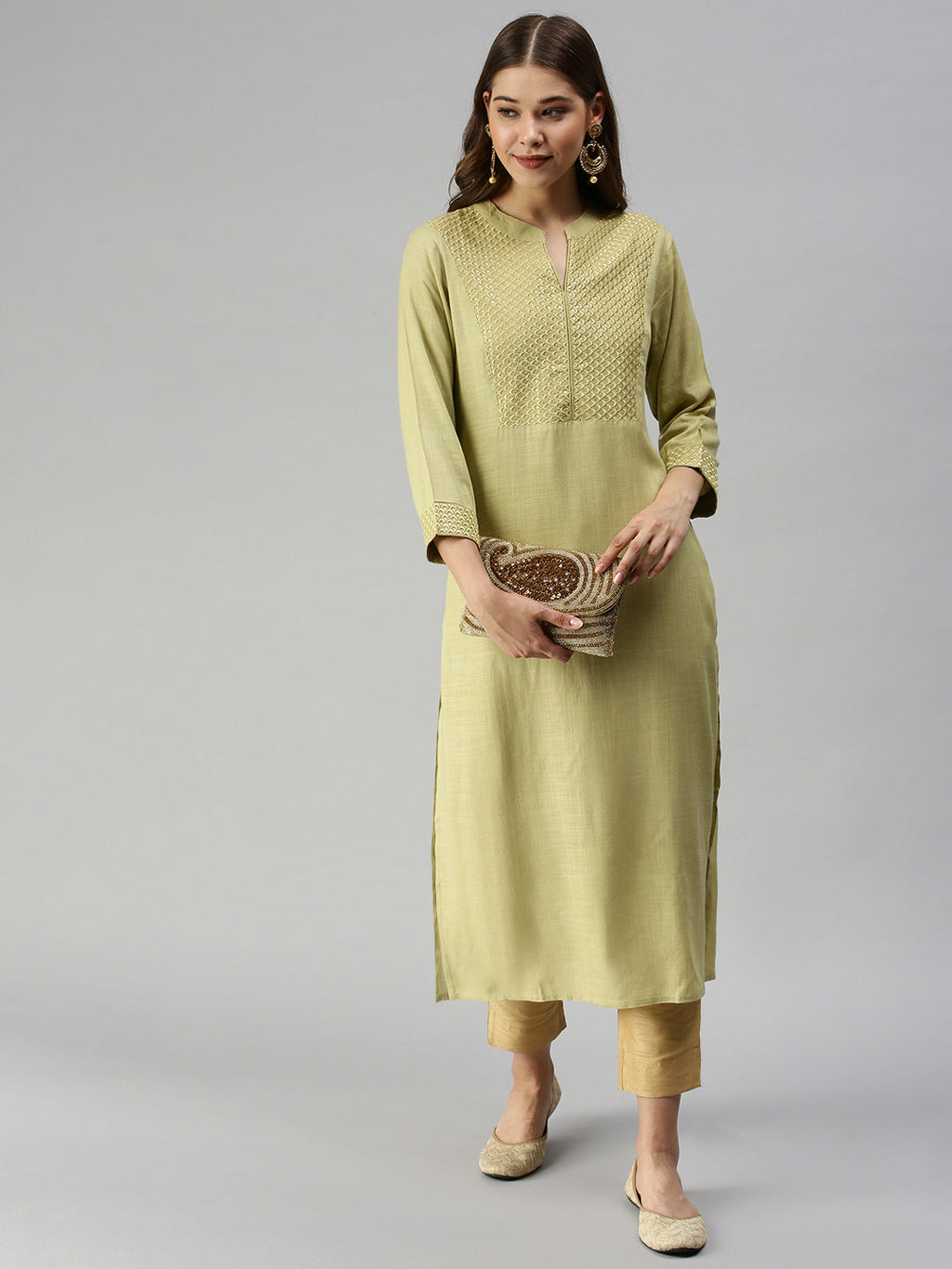Women's Lime Green Solid Straight Kurta