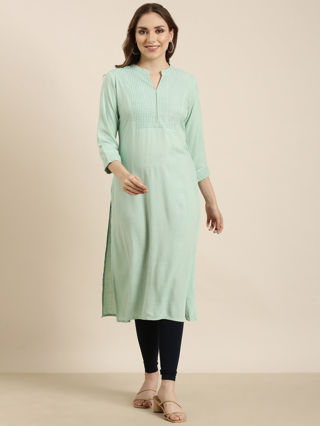 Women's Straight Sea Green Solid Kurta