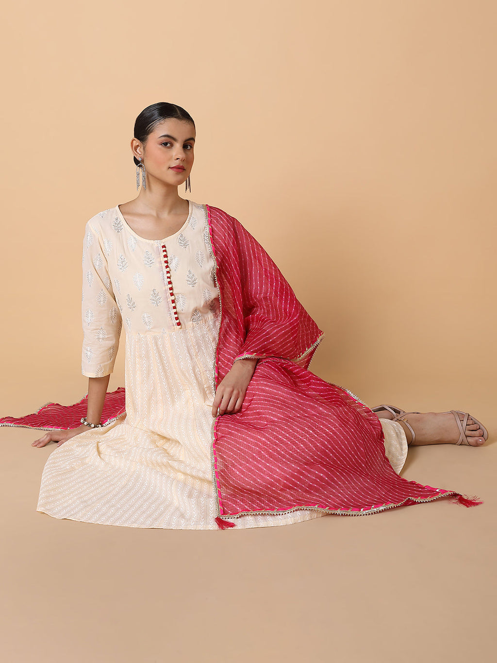 Women's Ethnic Motifs Cream Anarkali Kurta with Dupatta