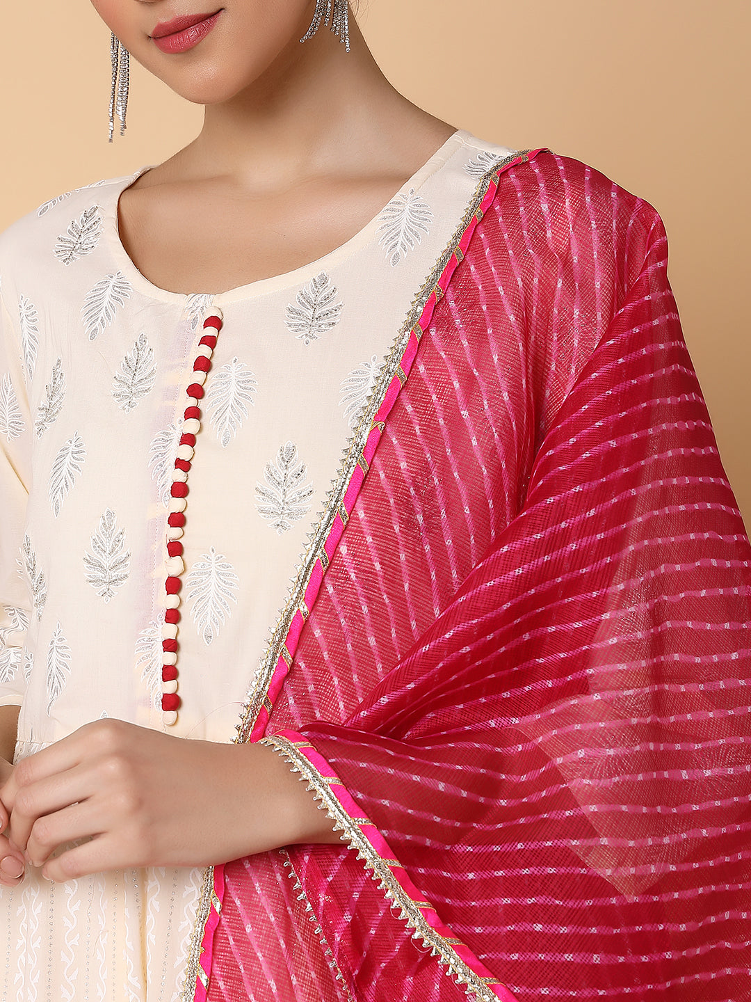Women's Ethnic Motifs Cream Anarkali Kurta with Dupatta