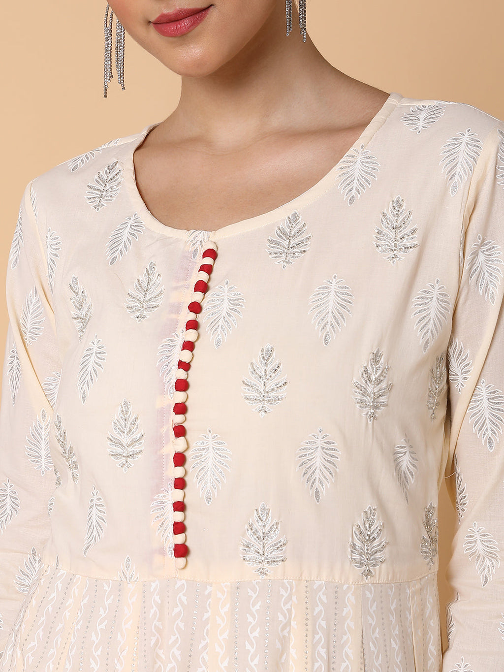 Women's Ethnic Motifs Cream Anarkali Kurta with Dupatta