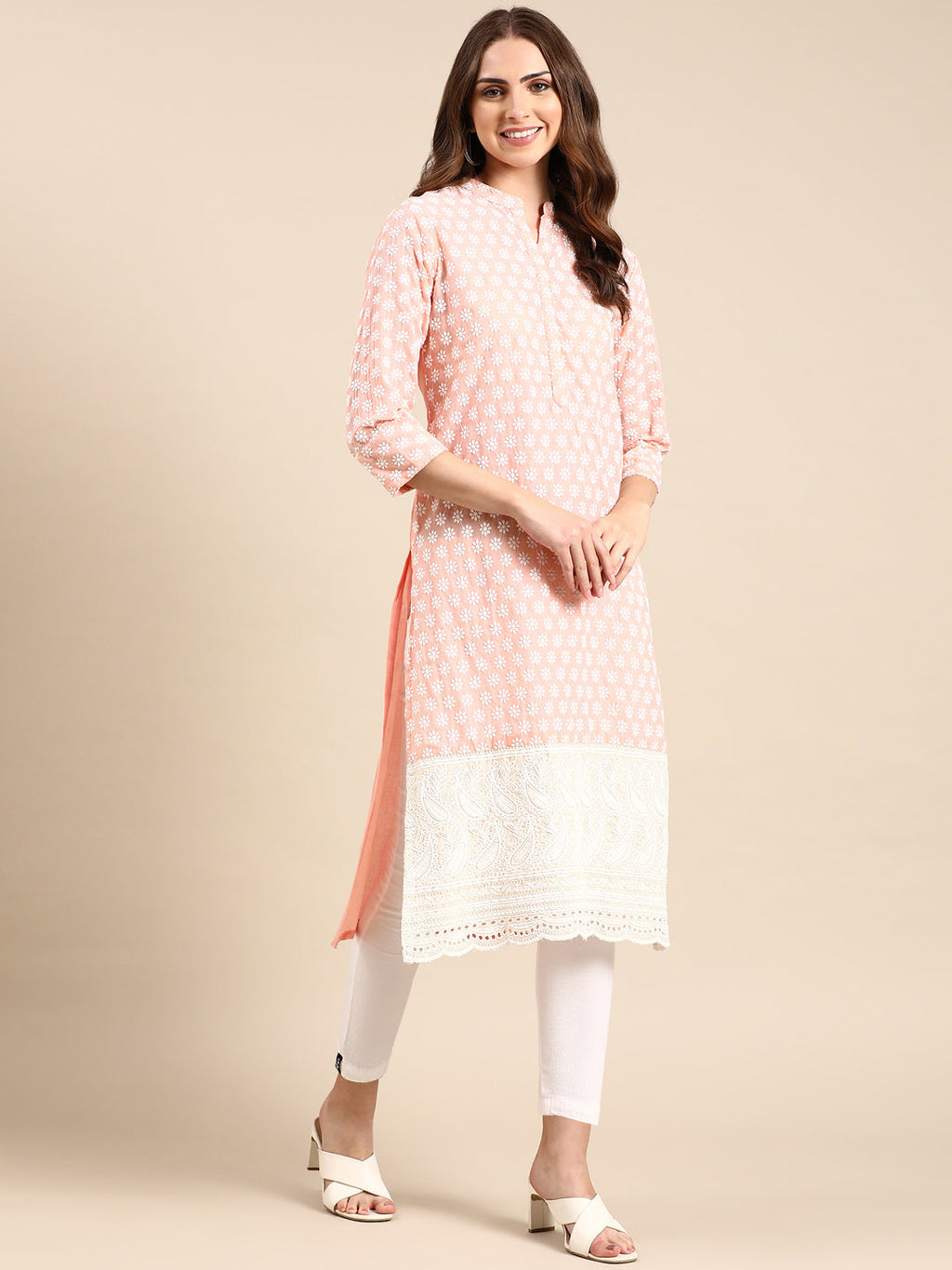 Women's Peach Floral Embroidered Pastels Straight Kurta