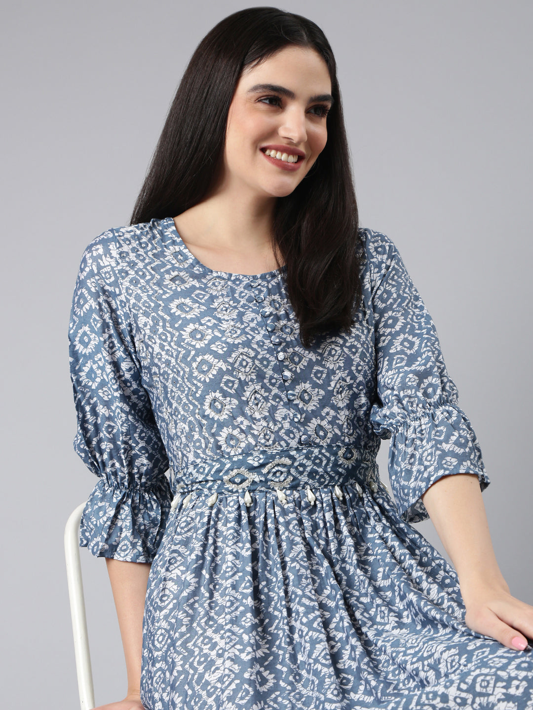 Women's Grey Ethnic Motifs Printed Cotton Fit & Flare Dress