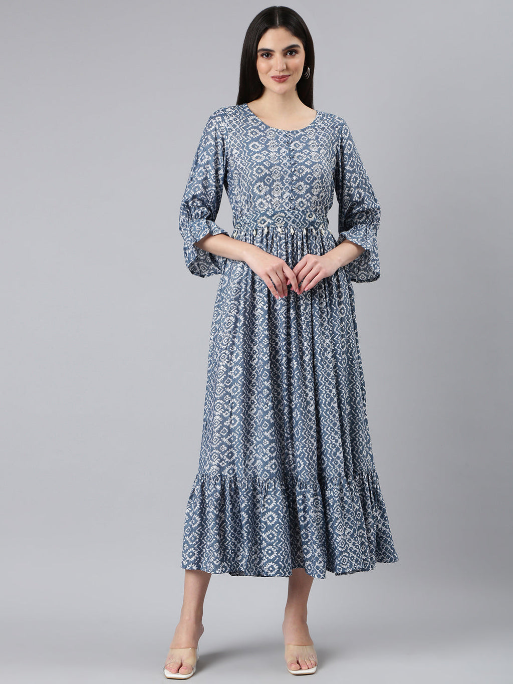 Women's Grey Ethnic Motifs Printed Cotton Fit & Flare Dress