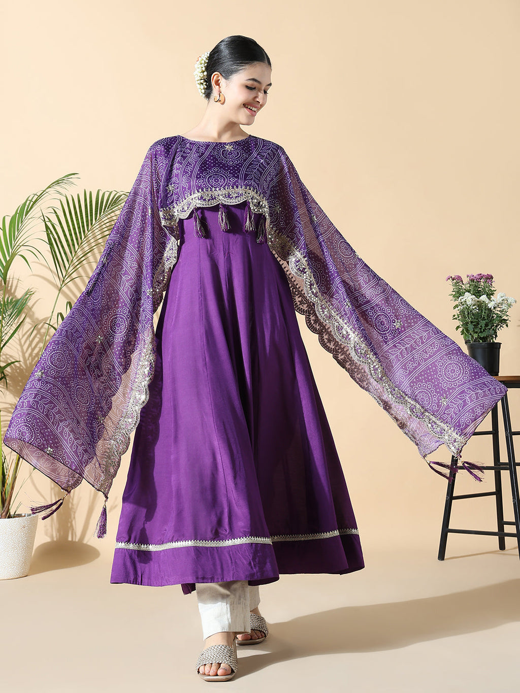 Women's Purple Raw silk Anarkali Kurta with Attached Dupatta