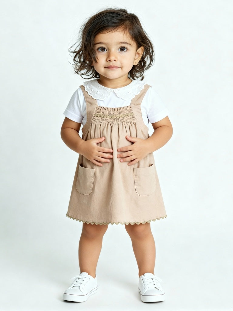 HOP Baby Tan Embroidered Cotton T-Shirt and Pinafore Set