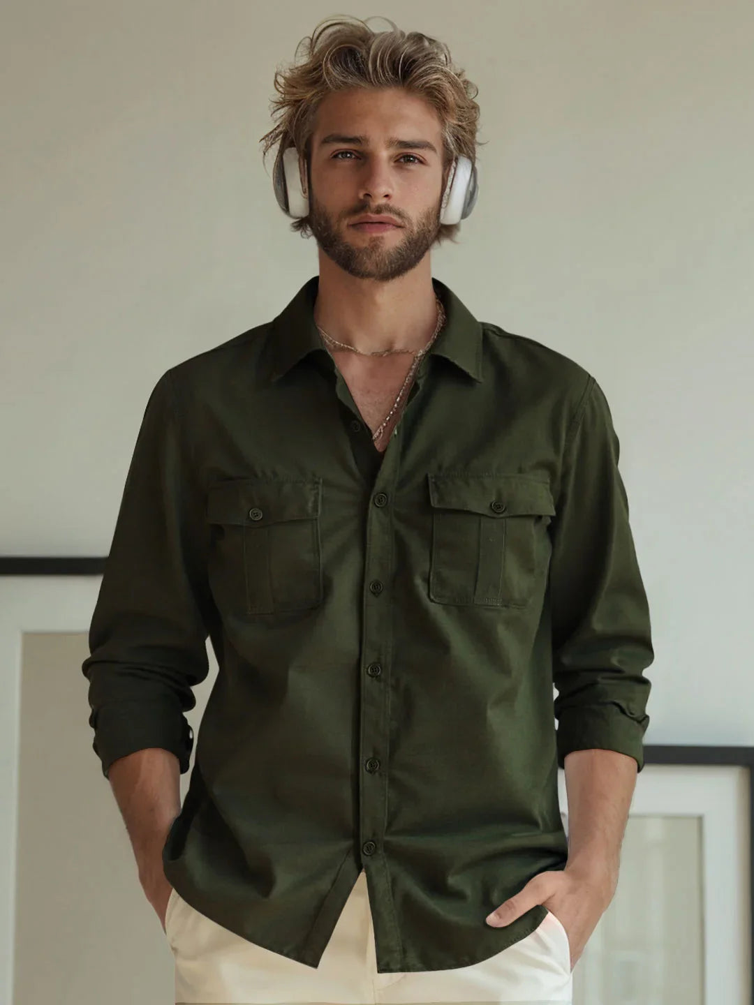 Double Pocket Oversized Shirt | Olive