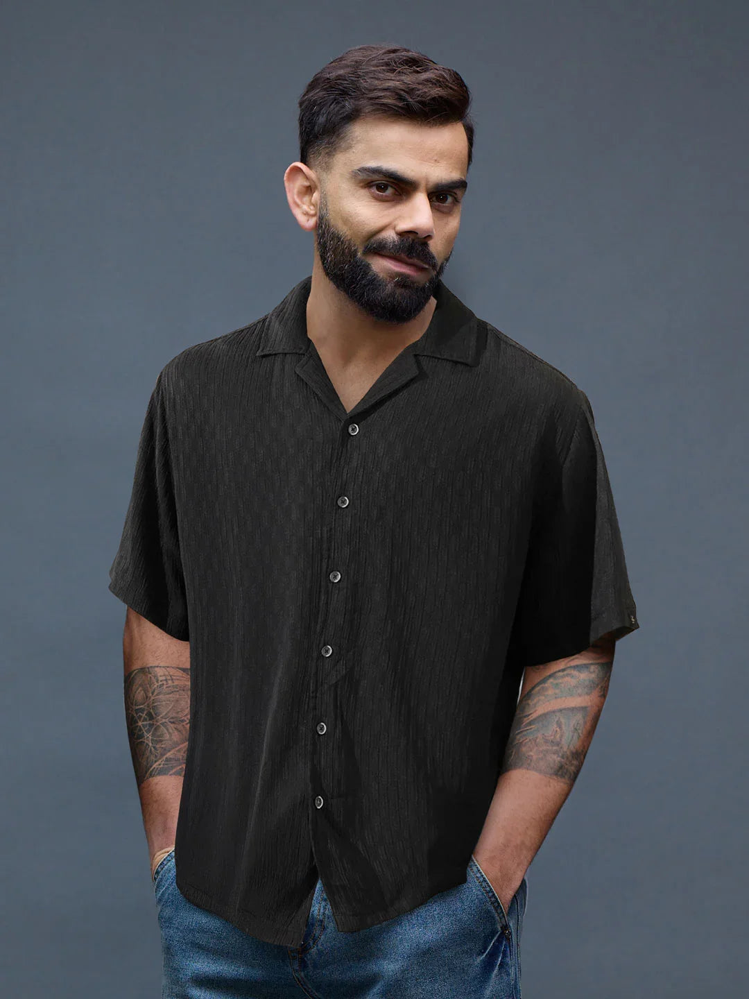 Textured Resort Collar Shirt | Black