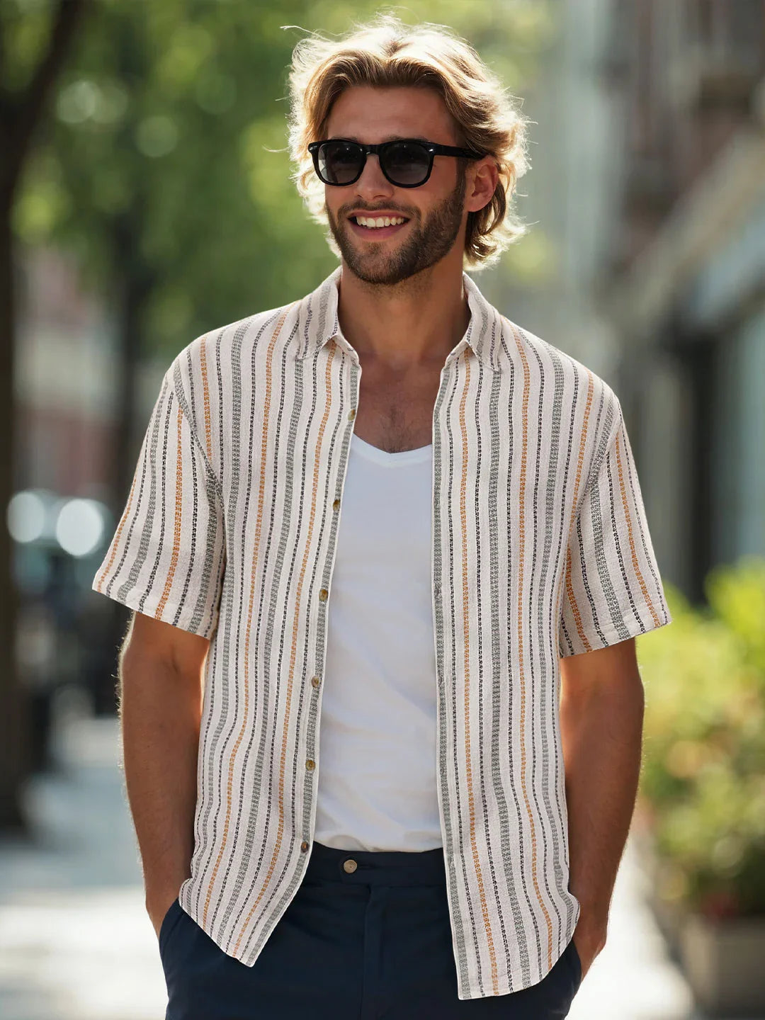 Striped Short Sleeve Textured Shirt | Off White