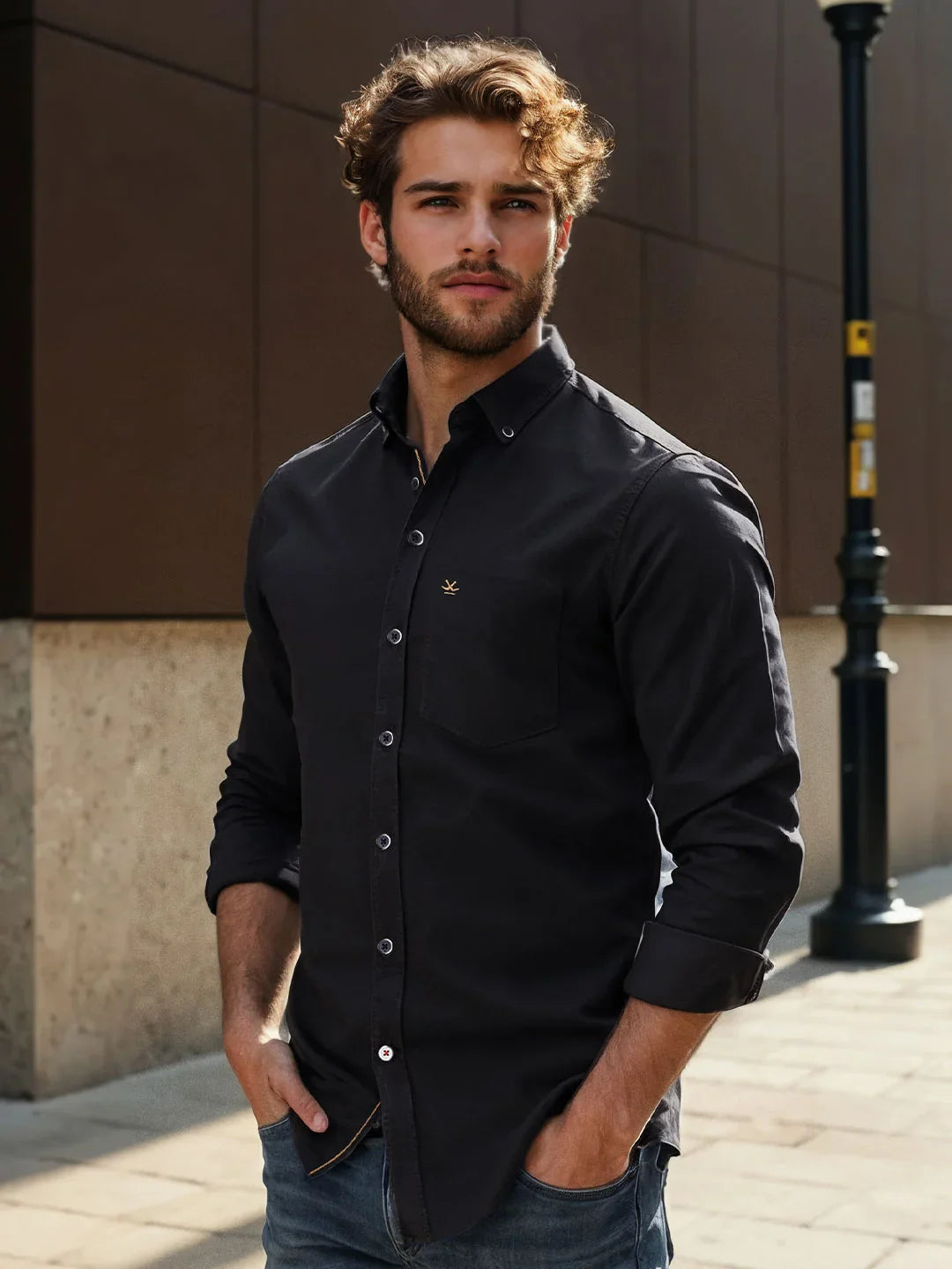 Solid Cotton Blend Stretch Shirt | Navy Blue