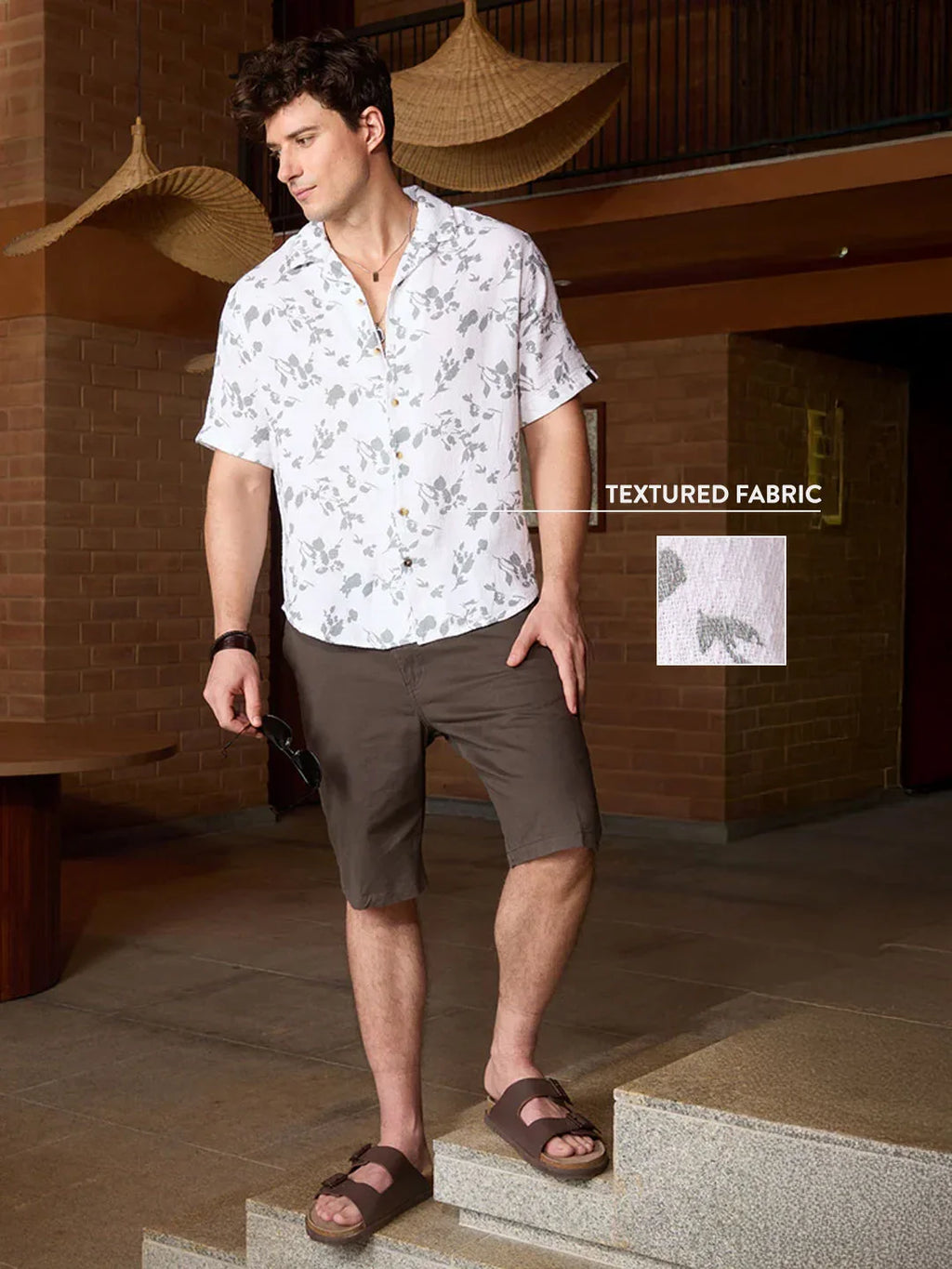 Textured AOP Resort Collar Shirt | Beige