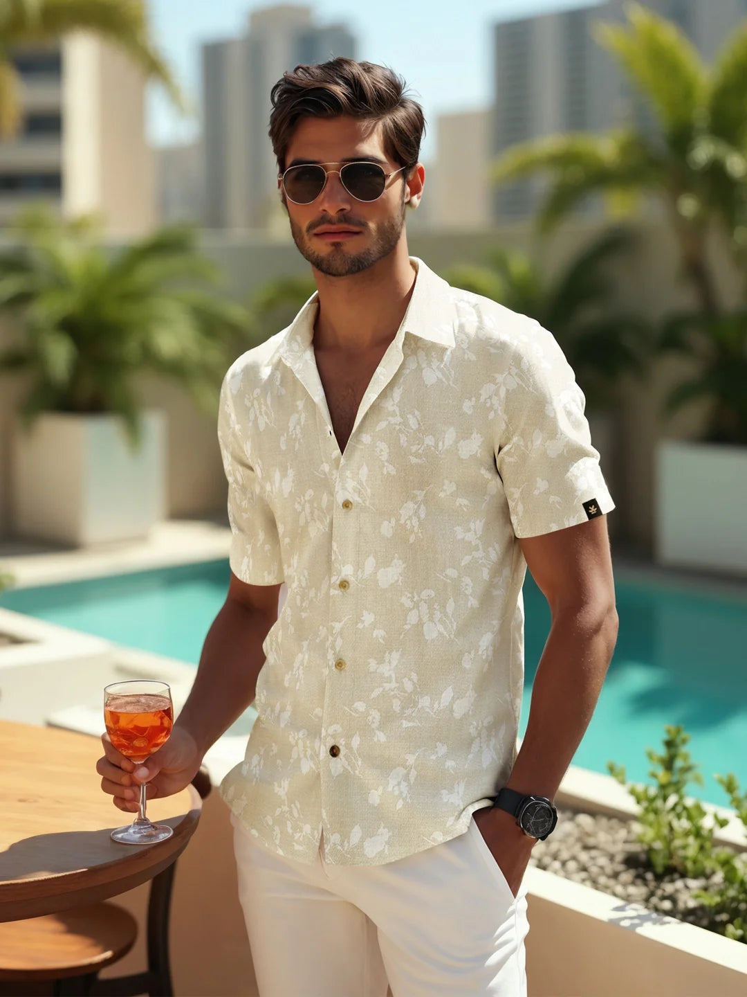 Textured Open Dobby AOP Shirt | Beige