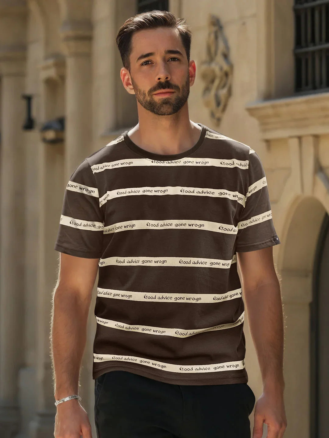 Printed Stripes Casual T-Shirt | Brown