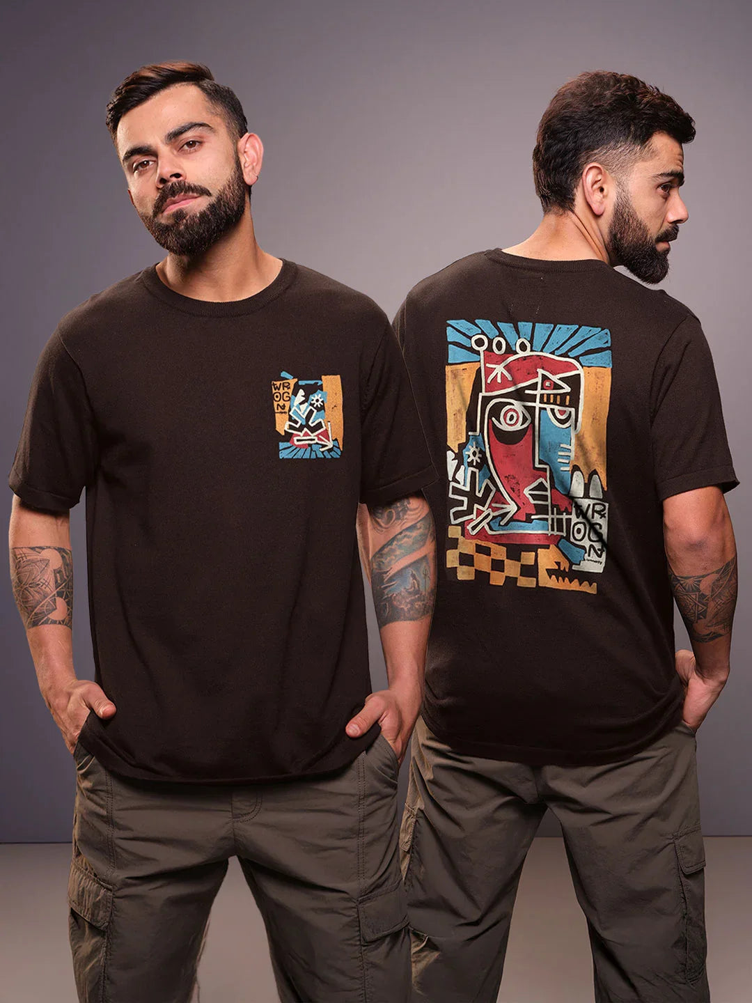Heavy GSM Printed Faces T-Shirt | Brown
