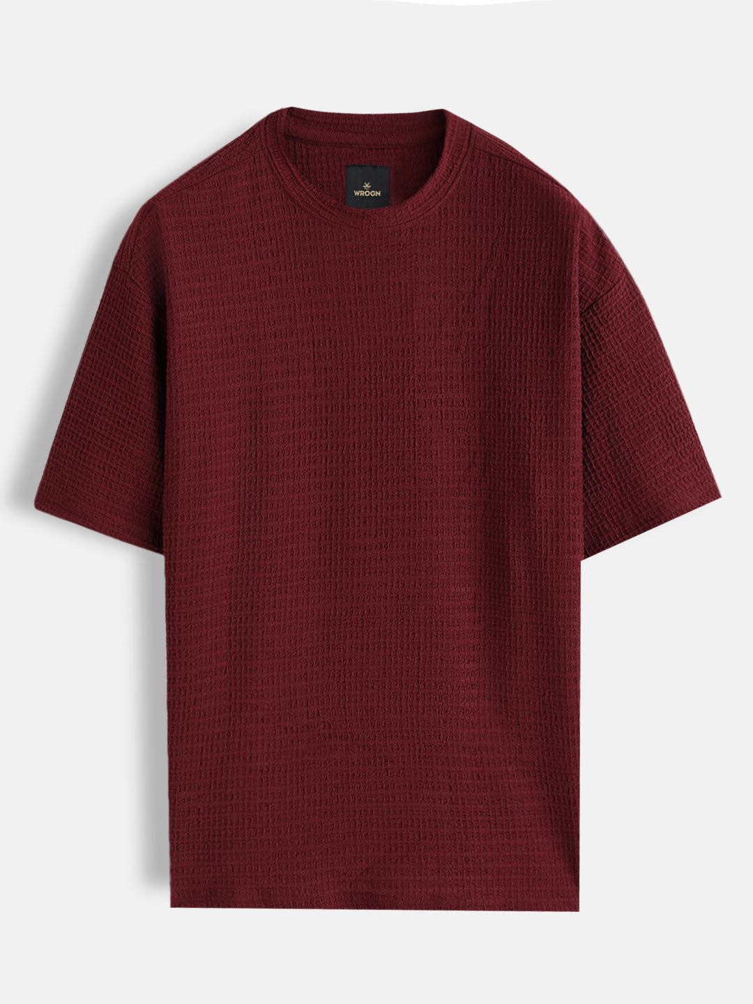 Oversized Jacquard Textured Crew Neck T-Shirt   | Maroon