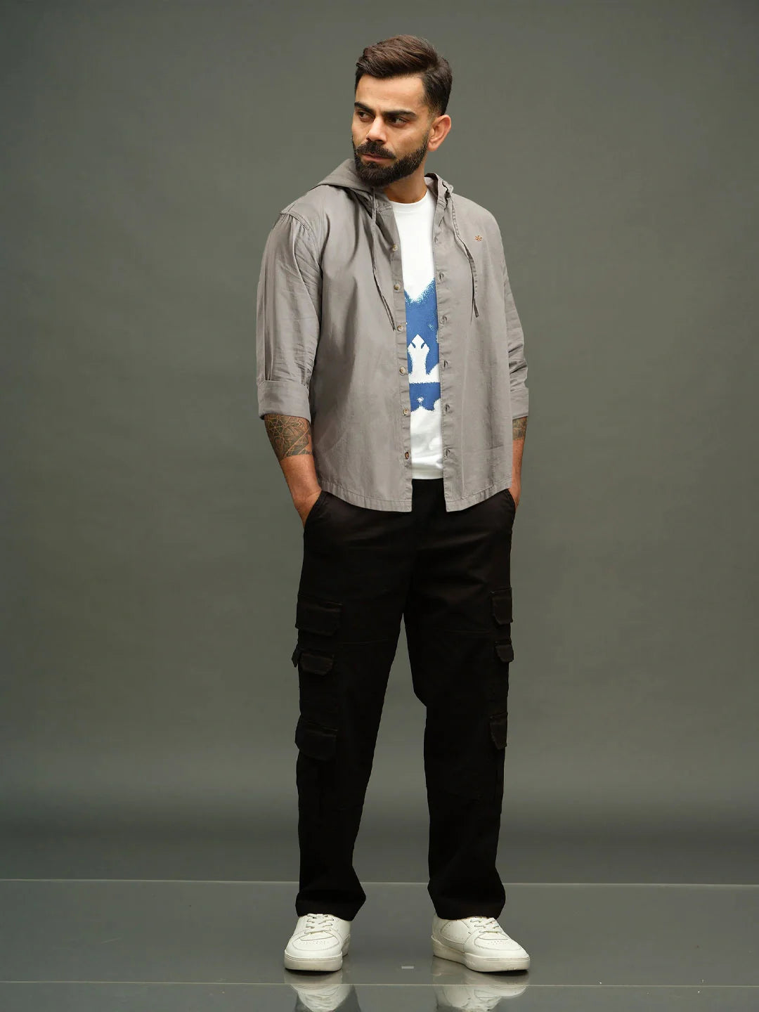 Cotton Twill Hoded Shirt | Grey