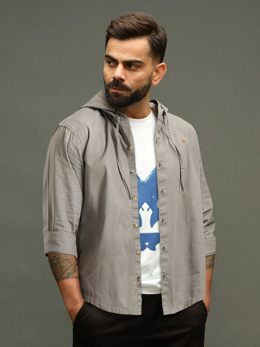 Cotton Twill Hoded Shirt | Grey