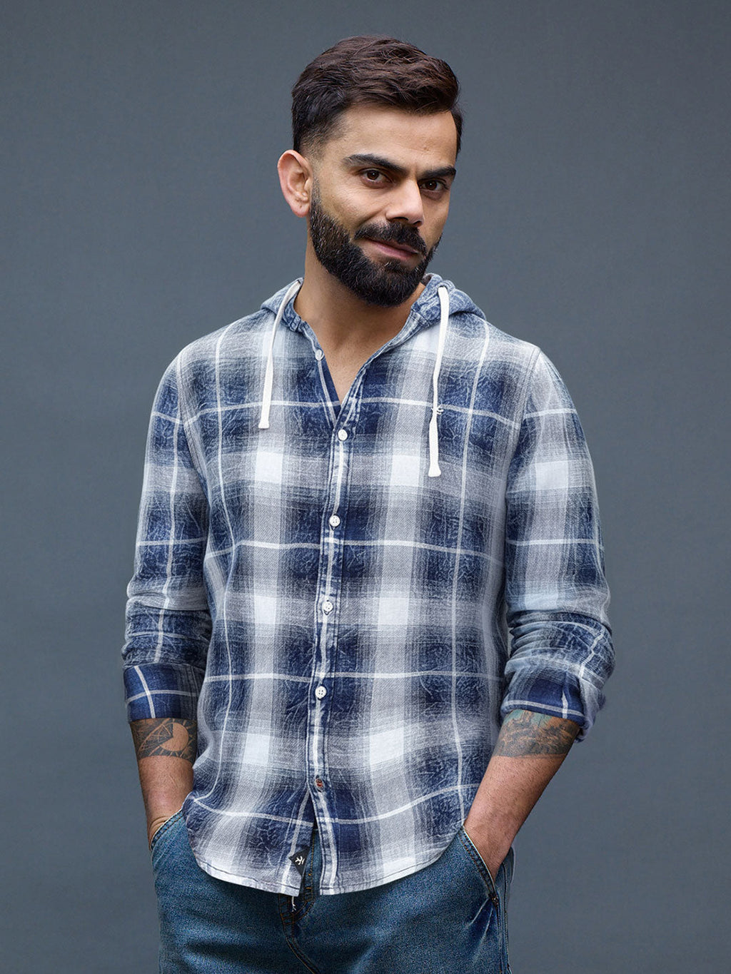 Casual Slim Fit Shadow Checkered Pattern Shirt  | Navy Blue