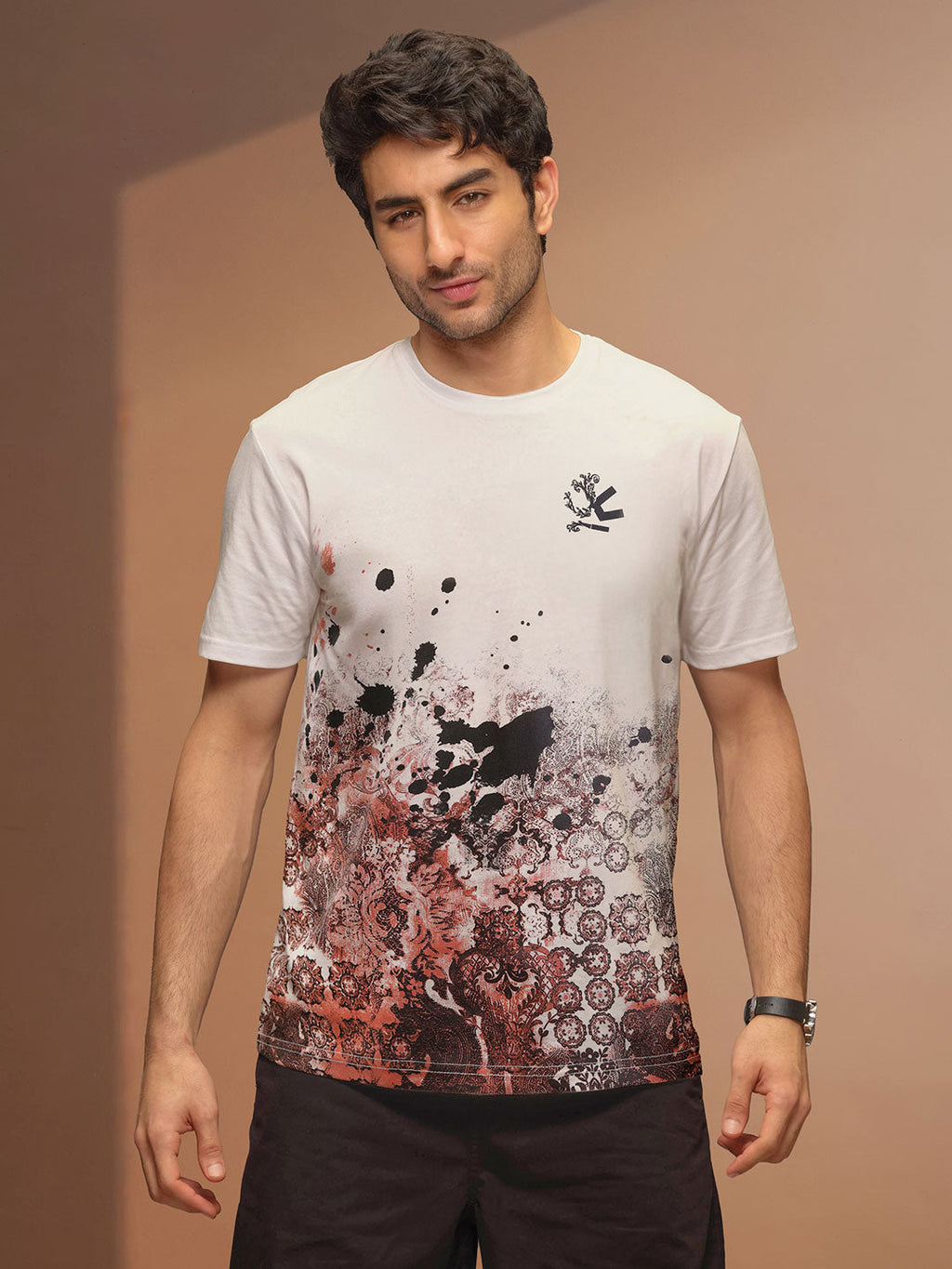 Tapestry Inspired Distressed Ombré Print T-Shirt | Beige