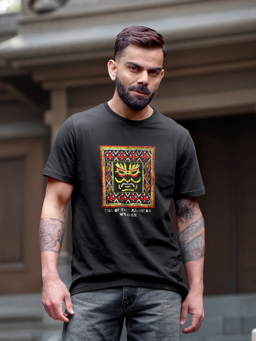 Mythical Face Graphic Crew Neck T-Shirt In Slim Fit  |  Black