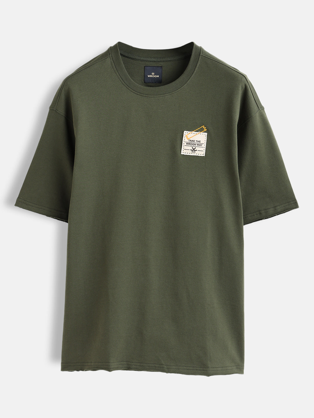 Solid Oversized T-Shirt With Printed Canvas Patch And Raw Edge Detail | Olive
