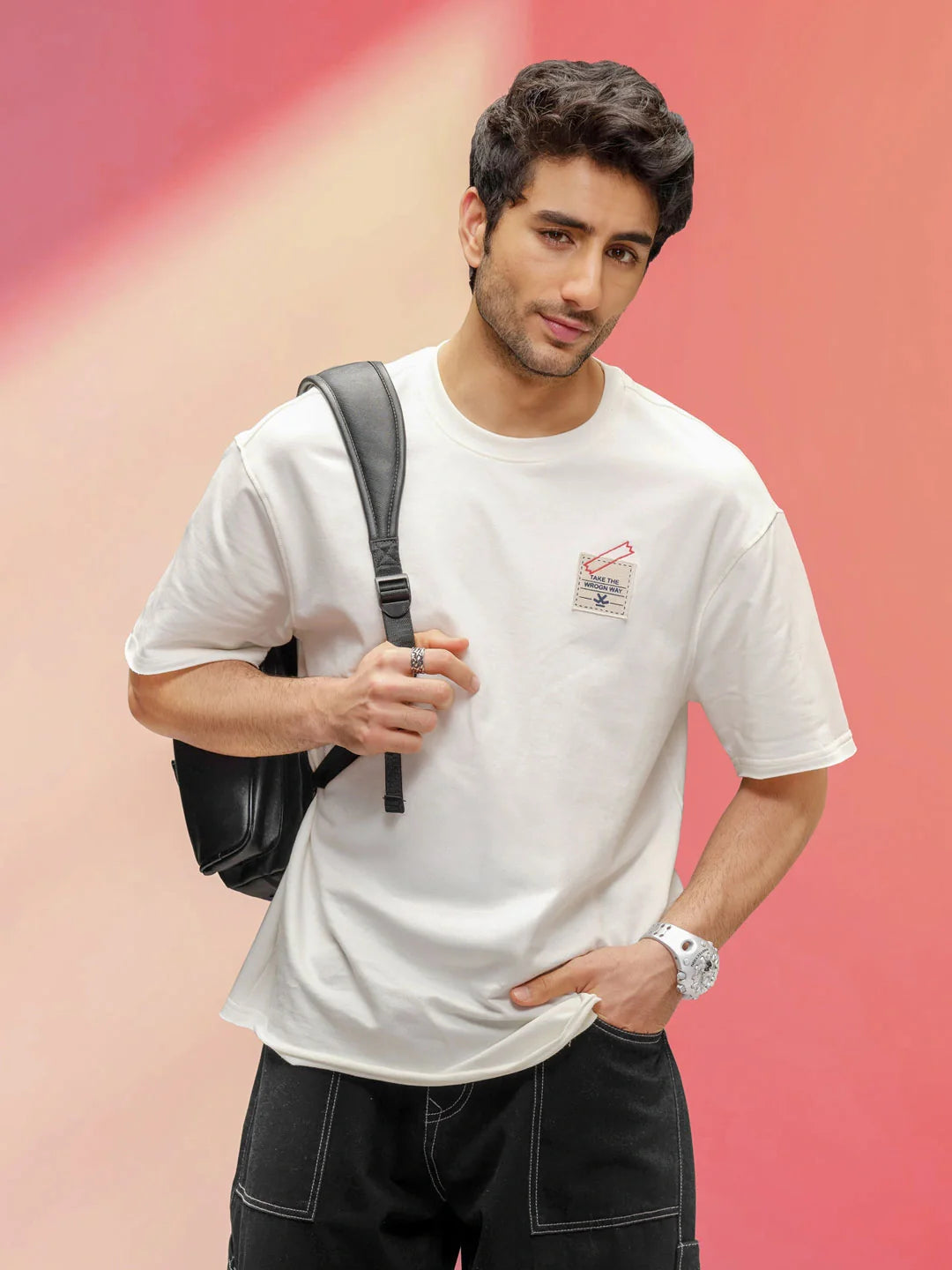 Solid Oversized T-Shirt With Printed Canvas Patch And Raw Edge Detail  | Off White