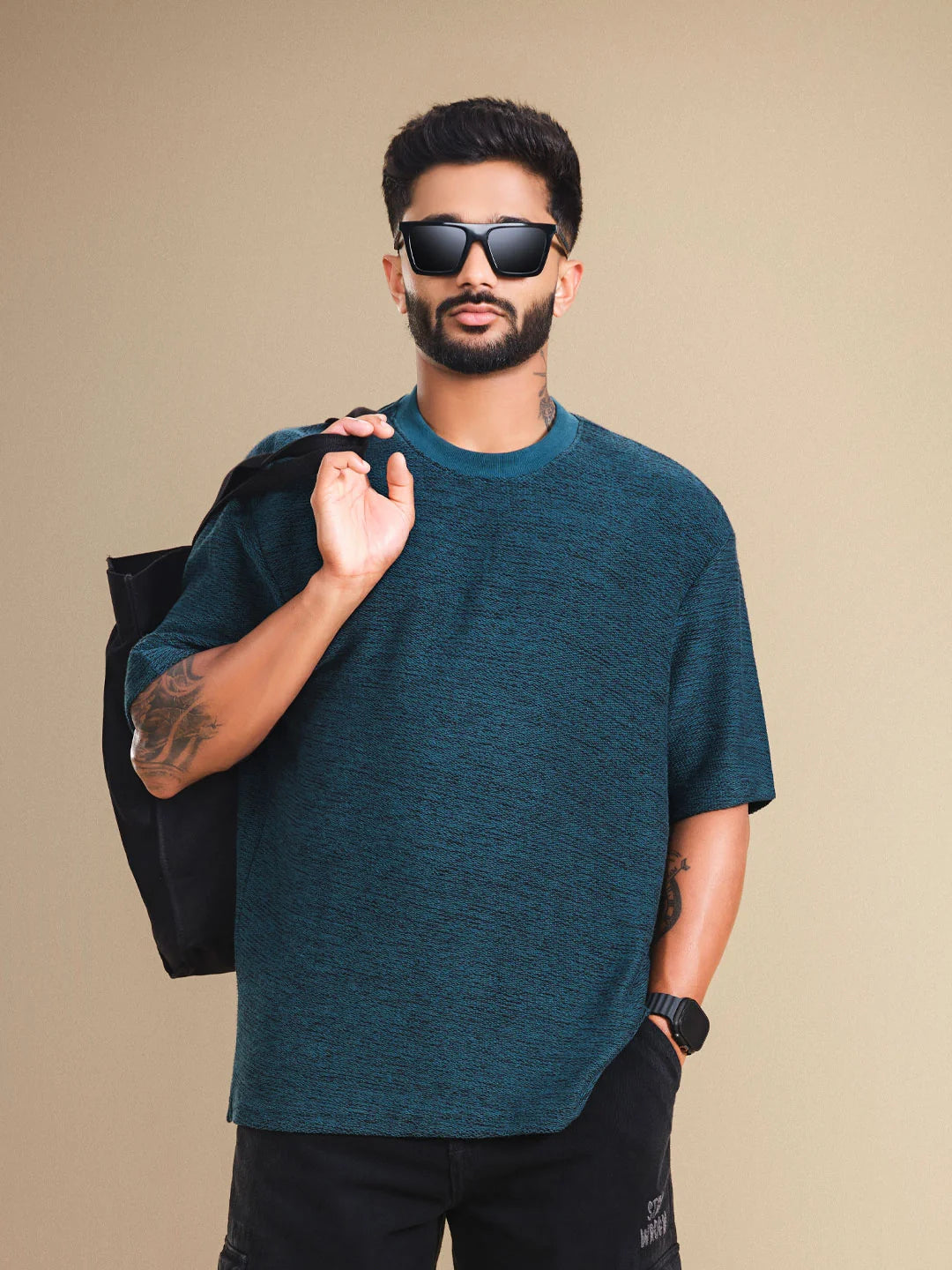 Two Tone Textured Slub Knit Oversized Crew Neck T-Shirt With Chunky Rib | Teal