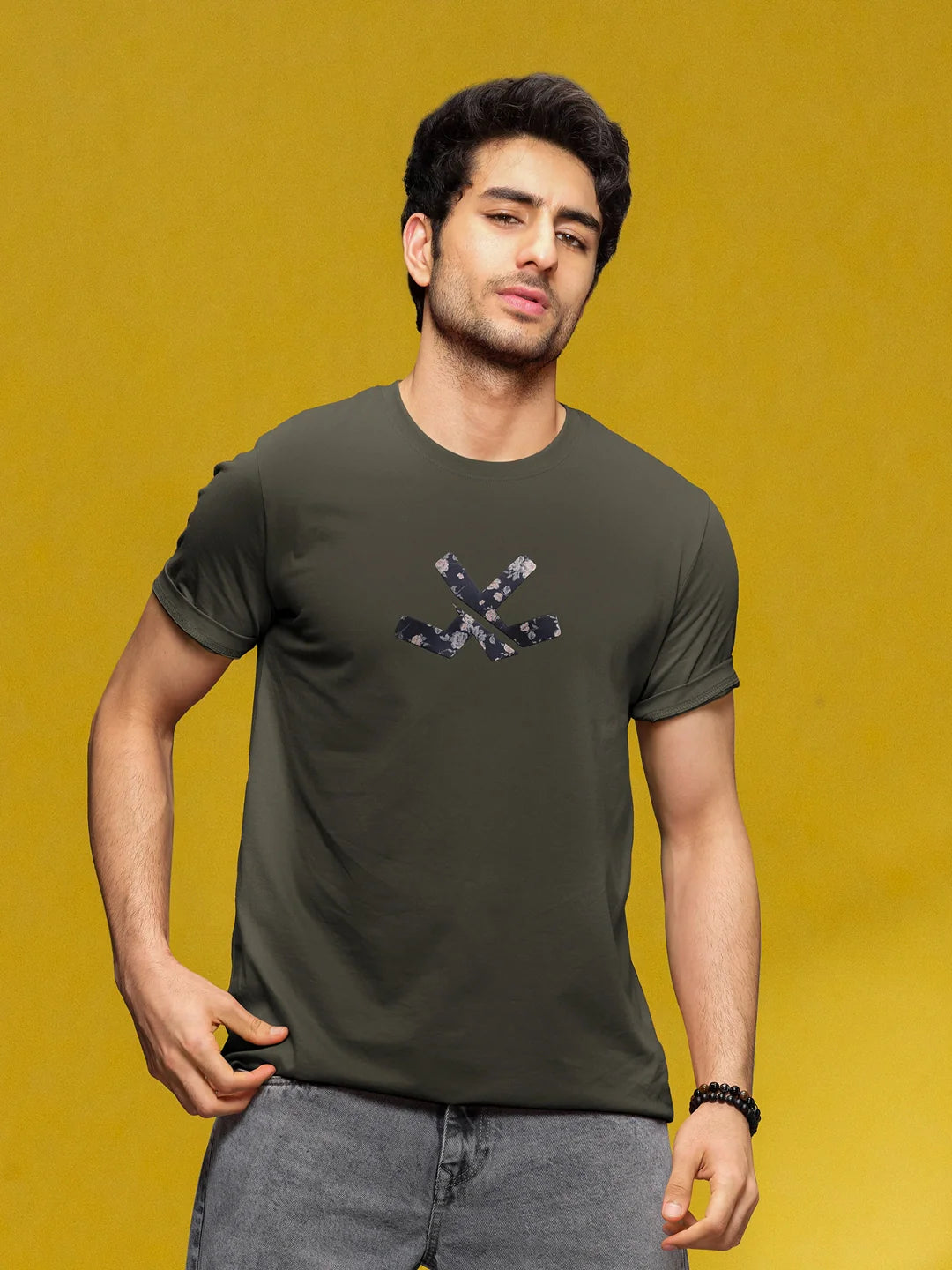 Premium Interlock Base With Dark Floral Logo Brand Carrier Crew Neck T-Shirt | Olive