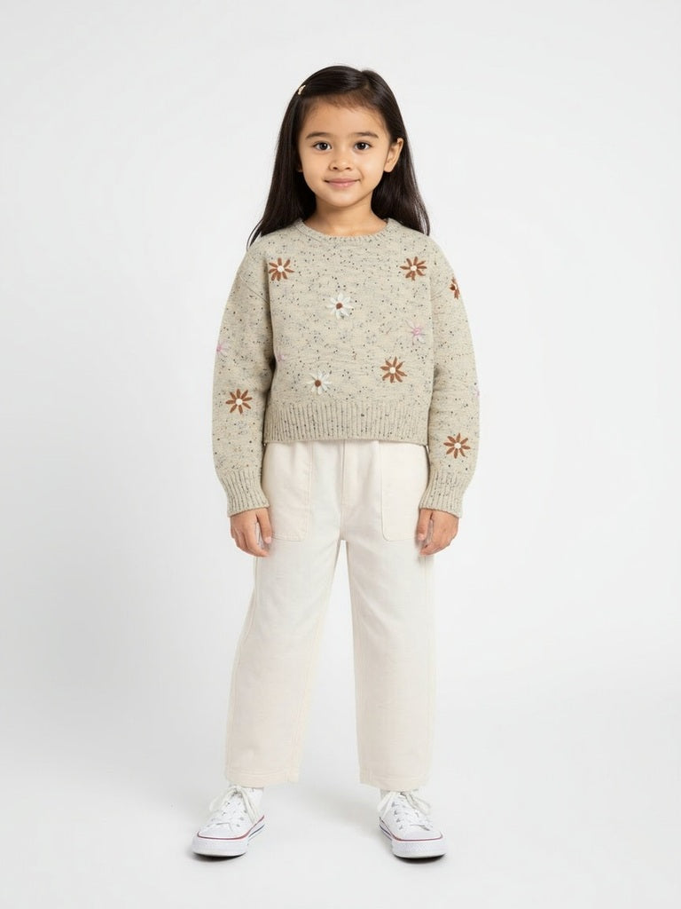 HOP Kids Beige Floral Embroidered Sweater
