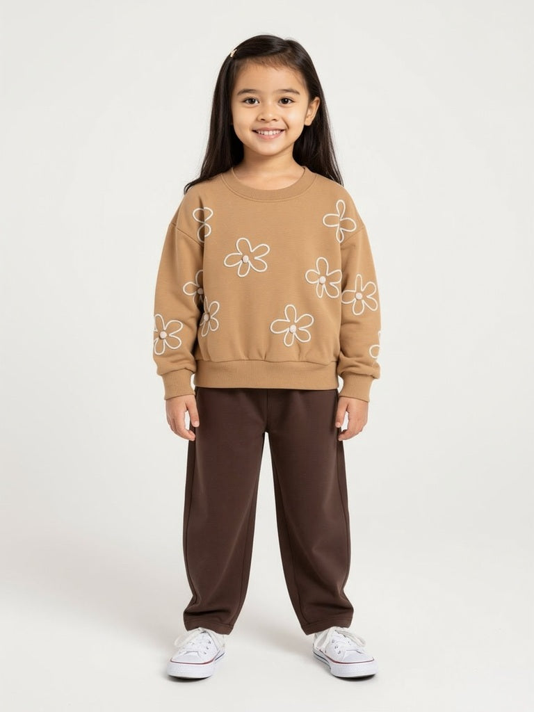 HOP Kids Brown Floral Embroidered Cotton-Blend Sweatshirt