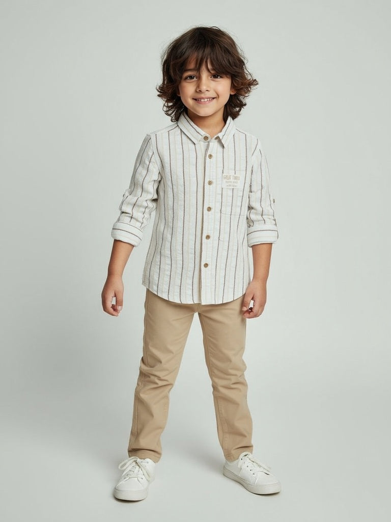 HOP Kids White Striped Relaxed-Fit Cotton Shirt