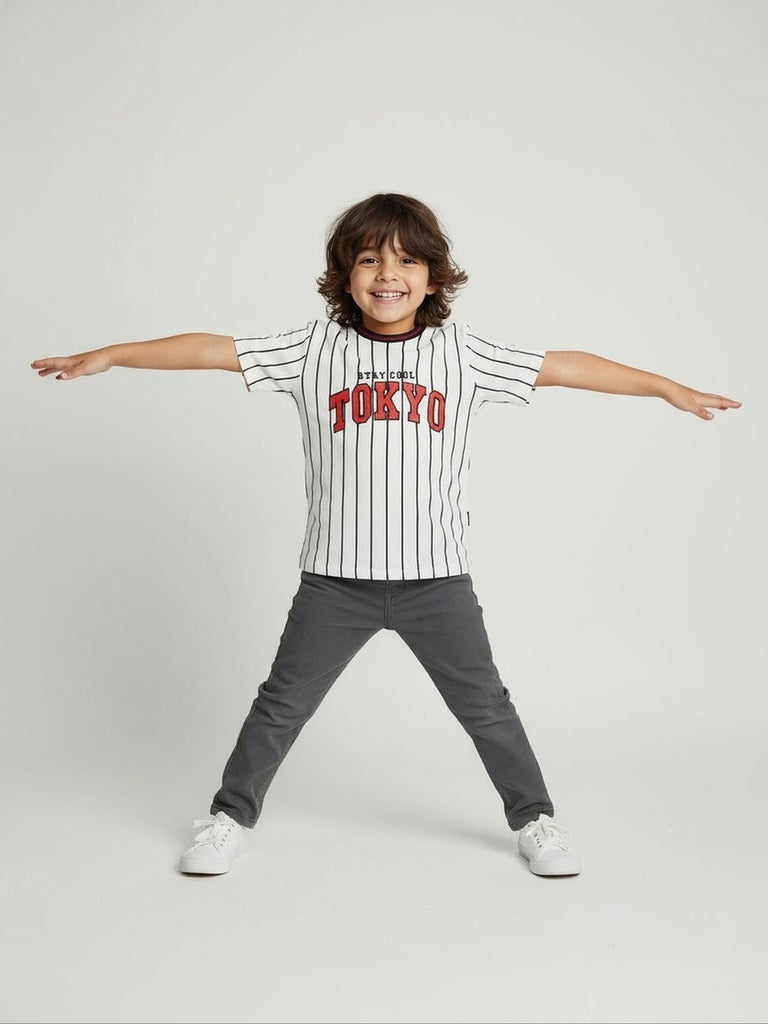 HOP Kids White Striped Cotton T-Shirt