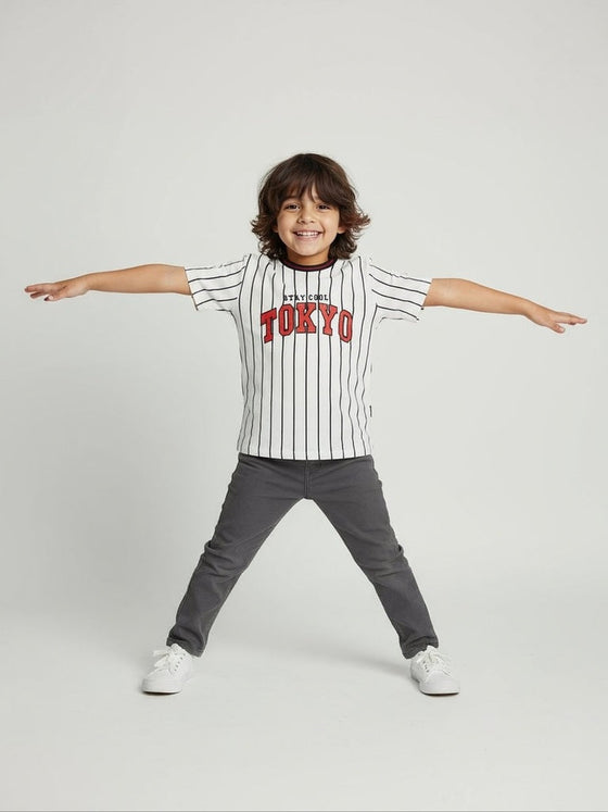 HOP Kids White Striped Cotton T-Shirt