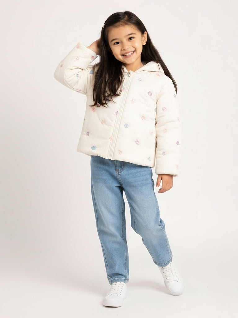 HOP Kids Off-White Floral Embroidered Hooded Jacket