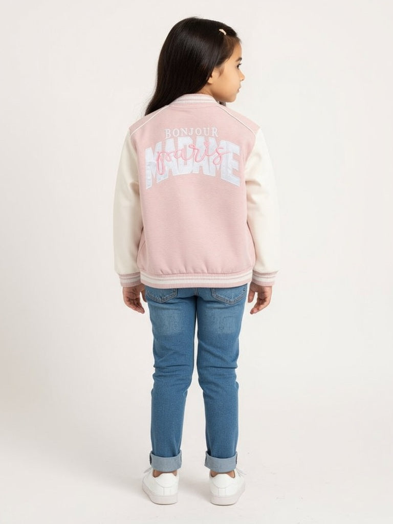 HOP Kids Dusty Pink Text Design Cotton Varsity Jacket